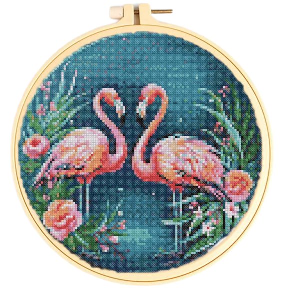 Easy Cross Stitch Kits for Starter Kits Flamingo Birds & Flowers DIY 11CT Pre-printed Stamped Patterns Embroidery Cross Stitching Needlework Kit Set Supplies with Hoop 38x38cm