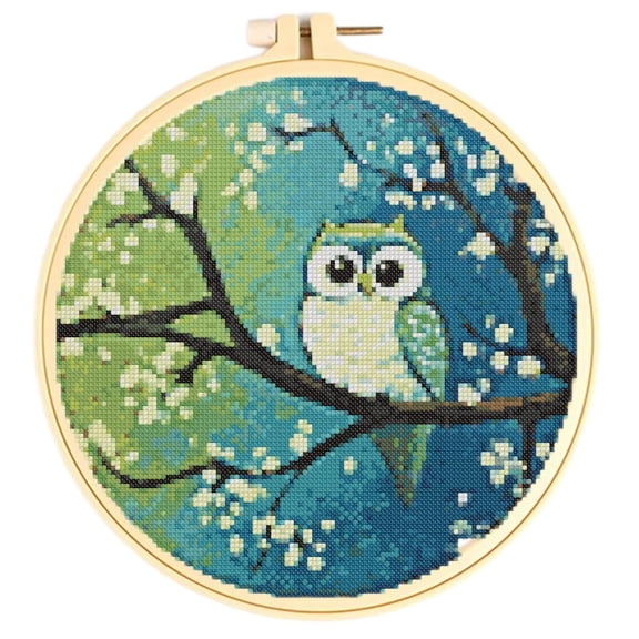 Easy Cross Stitch Kits for Starter Kits Floral Owl Bird on Tree DIY 11CT Pre-printed Patterns Embroidery Needlepoint Cross Stitching Needlework Kit Set Supplies with Hoop 38x38cm