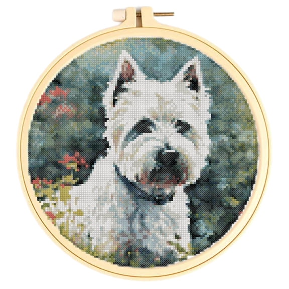 Easy Cross Stitch Kits for Starter Kits Garden Westie Dog DIY 11CT Pre-printed Patterns Embroidery Needlepoint Cross Stitching Needlework Kit Set Supplies with Hoop 38x38cm