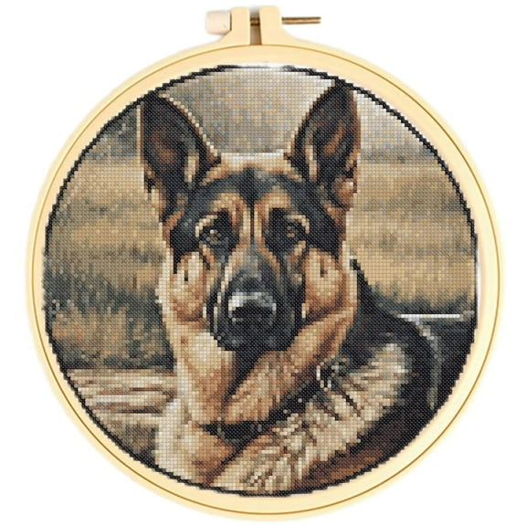 Easy Cross Stitch Kits for Starter Kits German Shepherd DIY 11CT Pre-printed Stamped Patterns Embroidery Cross Stitching Needlework Kit Set Supplies with Hoop 38x38cm