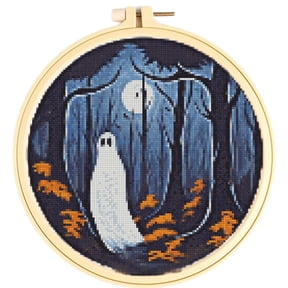 Easy Cross Stitch Kits for Starter Kits Ghost Spooky Halloween Darkness DIY 11CT Pre-printed Stamped Patterns Embroidery Cross Stitching Needlework Kit Set Supplies with Hoop 38x38cm