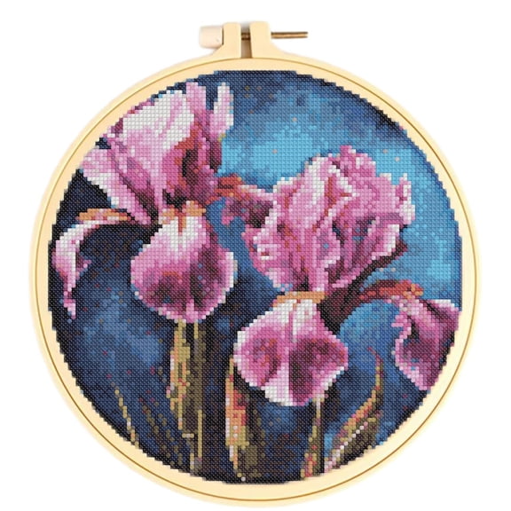 Easy Cross Stitch Kits for Starter Kits Iris Flowers DIY 11CT Pre-printed Patterns Embroidery Needlepoint Cross Stitching Needlework Kit Set Supplies with Hoop 38x38cm