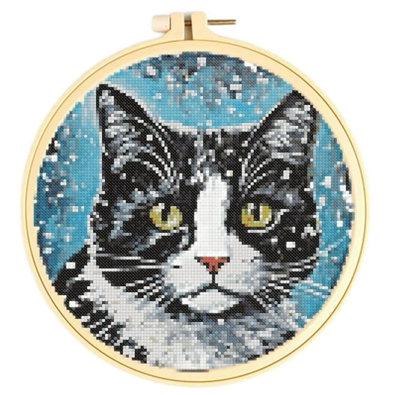 Easy Cross Stitch Kits for Starter Kits Kitten in Snow DIY 11CT Pre-printed Patterns Embroidery Needlepoint Cross Stitching Needlework Kit Set Supplies with Hoop 38x38cm