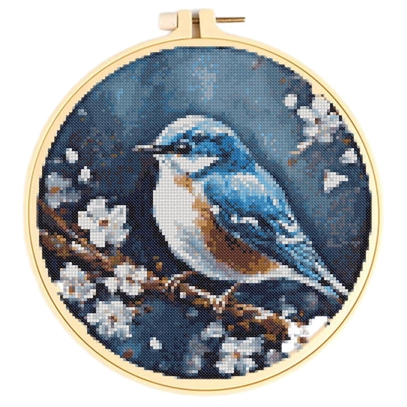 Easy Cross Stitch Kits for Starter Kits Sparrow & Flowers DIY 11CT Pre-printed Patterns Embroidery Needlepoint Cross Stitching Needlework Kit Set Supplies with Hoop 38x38cm