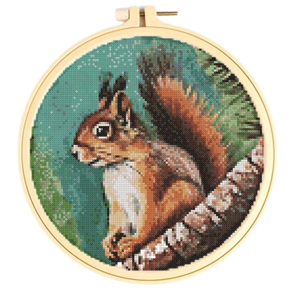 Easy Cross Stitch Kits for Starter Kits Squirrel on Tree DIY 11CT Pre-printed Patterns Embroidery Needlepoint Cross Stitching Needlework Kit Set Supplies with Hoop 38x38cm