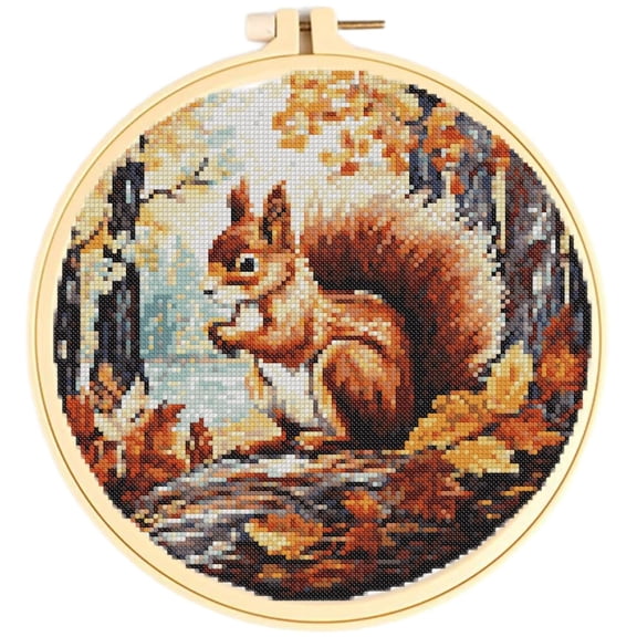 Easy Cross Stitch Kits for Starter Kits Squirrel on Tree DIY 11CT Pre-printed Stamped Patterns Embroidery Cross Stitching Needlework Kit Set Supplies with Hoop 38x38cm