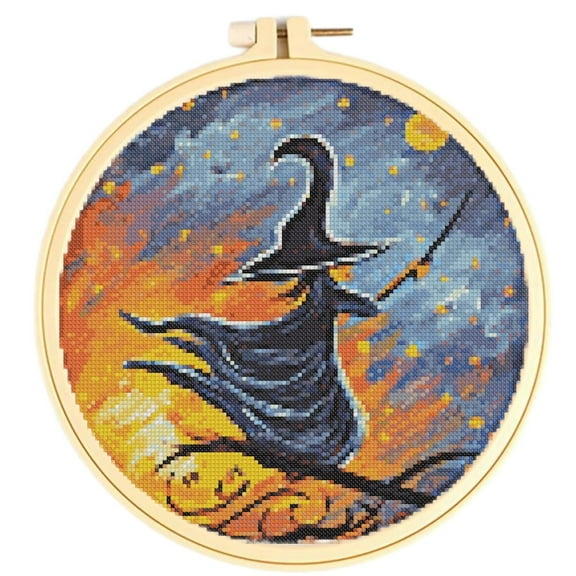 Easy Cross Stitch Kits Witch Girl DIY 11CT Pre-printed Patterns Cross Stitching Needlework DIY Kits Set with Hoop 38x38cm