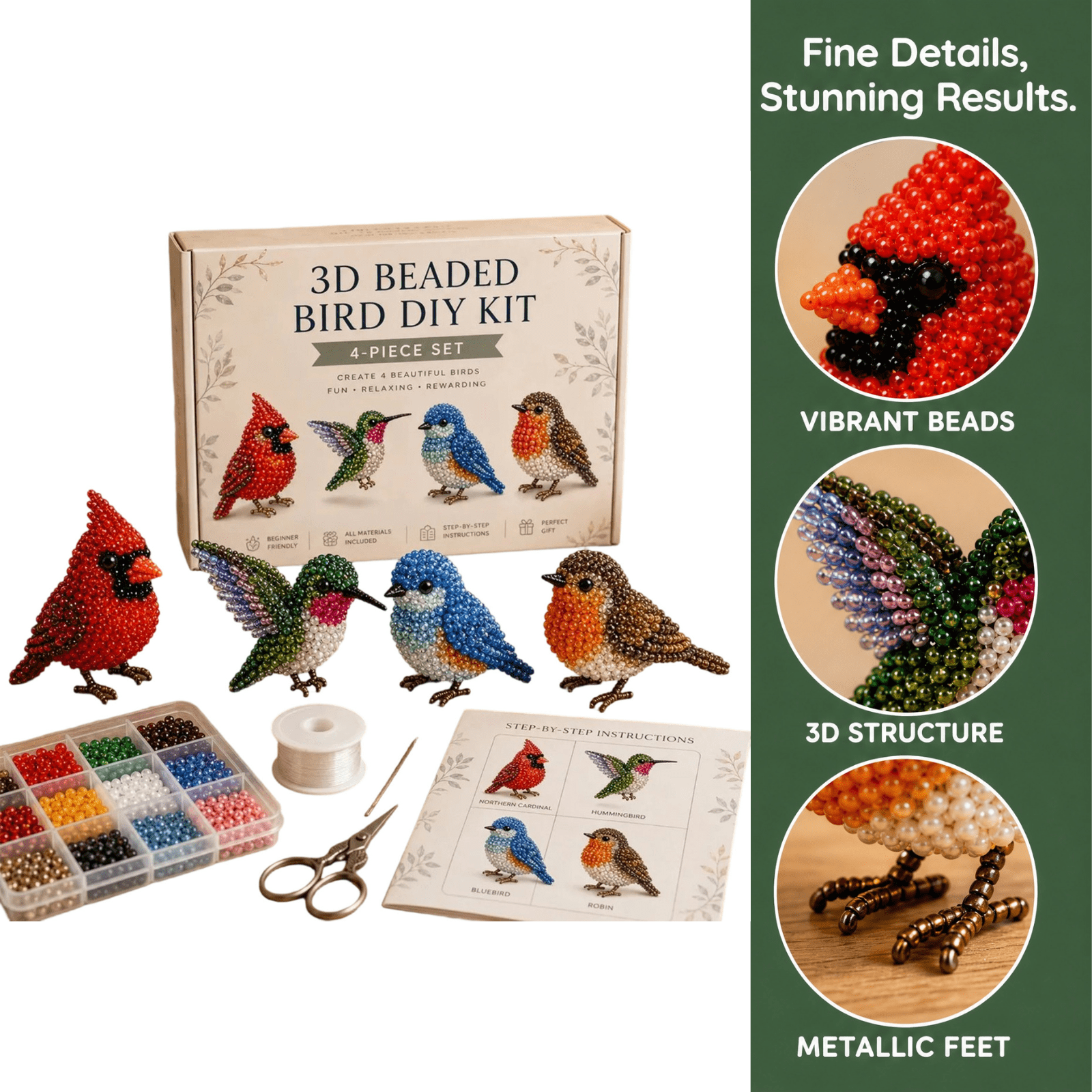 Easy DIY Beading Embroidery Kit with 4 Cute Designs, Tiny 3D Beaded Animal DIY Kit, Clear Instruction Beading Kit, Creative Handcraft Supply to Exercise Hands-on Ability for Kids and Adults A