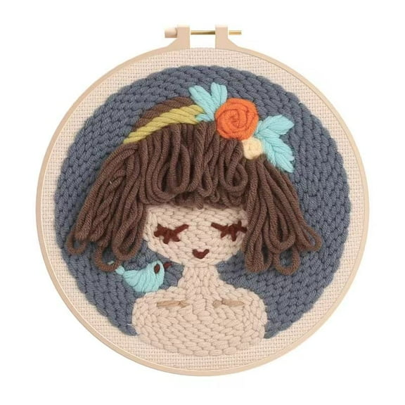 Easy DIY Cartoon Girl Craft Punch Needle Embroidery Kits Rug for Starter Kits with Stamped Color Pattern with Instruction,Yarn and Plastic Needle Pen,20cm Hoop Wool Needle Craft