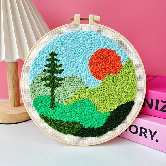 Easy DIY Craft Punching Needle Kits Rug with Mountains & Tree for Starter Kits with Stamped Color Pattern with Instruction,Yarn and Embroidery Kits Punch Needle Pen,Hoop,Scissors