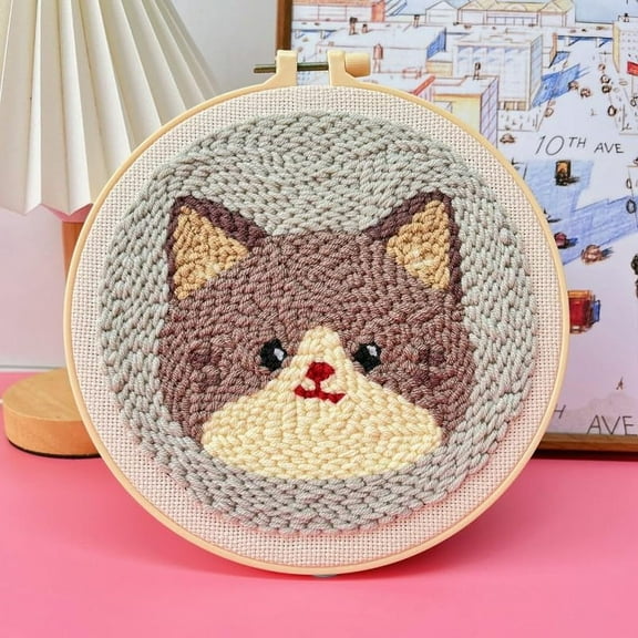 Easy DIY Craft Punching Needle Kits Rug with Orange Cat for Starter Kits with Stamped Color Pattern with Instruction,Yarn and Embroidery Kits Punch Needle Pen,Hoop,Scissors