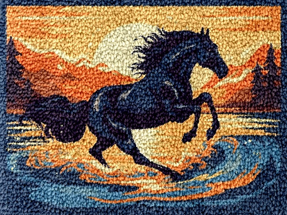 Running Pattern Rig Easy DIY Latch Hook Rug Kits Black Horse Running in Water DIY Tapestry ...