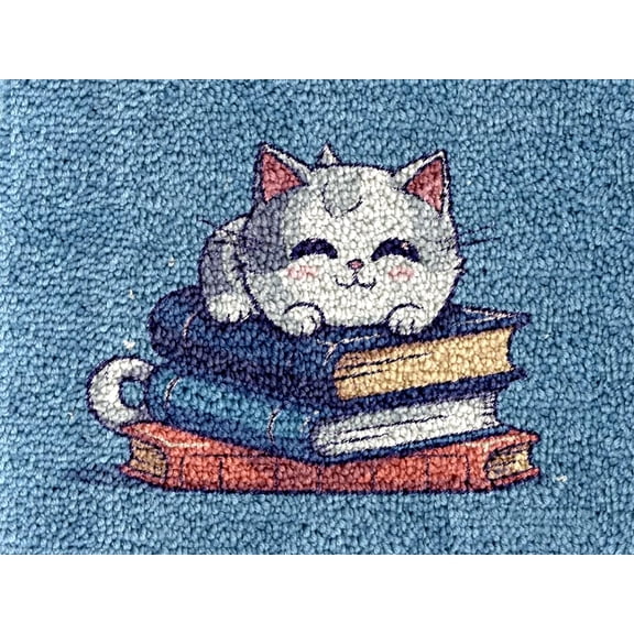 Easy DIY Latch Hook Rug Kits Cat and Books DIY Tapestry Crochet Hooking Mat Making Kits With Printed Pattern Canvas Needlework Kits 52x38cm j-71)