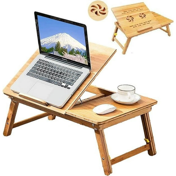 Easy Desk Bamboo Laptop Desk Adjustable Portable Table Lap Tray with USB Cooling Fan Notebook Computer Table Breakfast Serving Bed Tray Foldable and Drawer, 22” Medium Tilting Tray Top Surface
