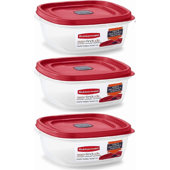 Easy Find Lid Square 5-Cup Food Storage Container (Pack of 3), Red (Vented)