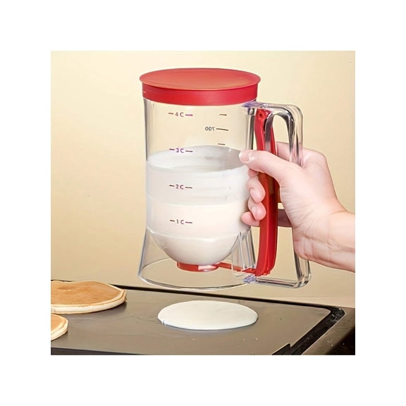 Easy Flow Pancake Batter Dispenser With Handle Manual No Electricity Kitchen Gadget For Pancakes Cakes Cookies Includes Baking Pan Removable Base Red Lid