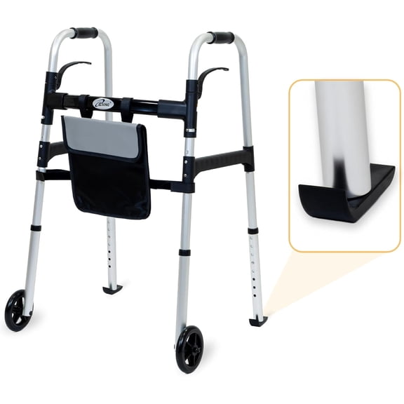 Silver Easy Folding Rolling Walker, Adjustable Height Mobility Aid with Shopping Basket Glide Skis Supports 350lbs for Seniors Adults