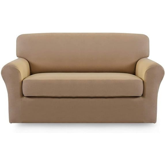 Easy-Going 2 Pieces Microfiber Stretch Sofa Slipcover Spandex Soft Sofa Couch Cover, Loveseat, Camel