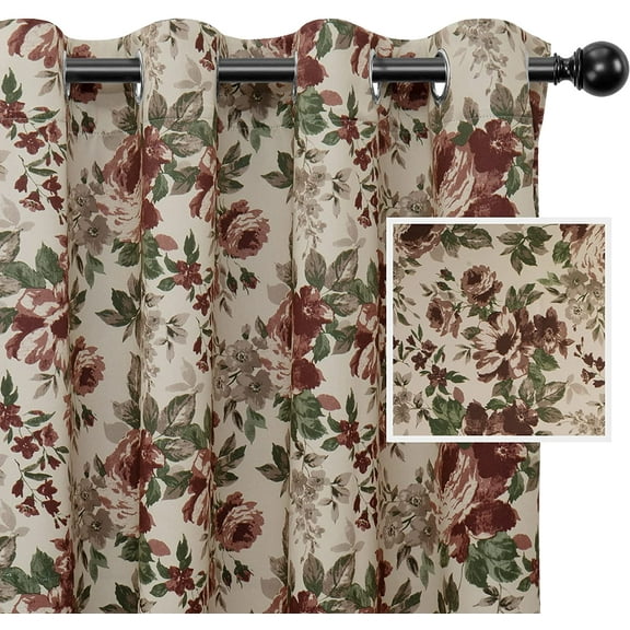 Floral Printed Blackout Curtain 84 Inch Length Grommet Thermal Insulated Room Darkening Window Curtain for Bedroom, Living Room, Room (Set of 2 Panels, Beige)