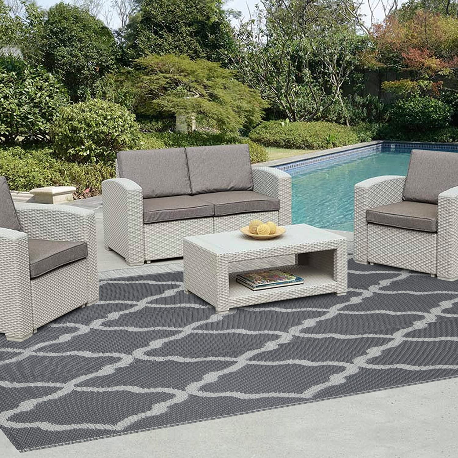 Easy-Going 4 X 6 Ft Indoor/Outdoor Patio Rug, Reversible Moroccan Grey ...