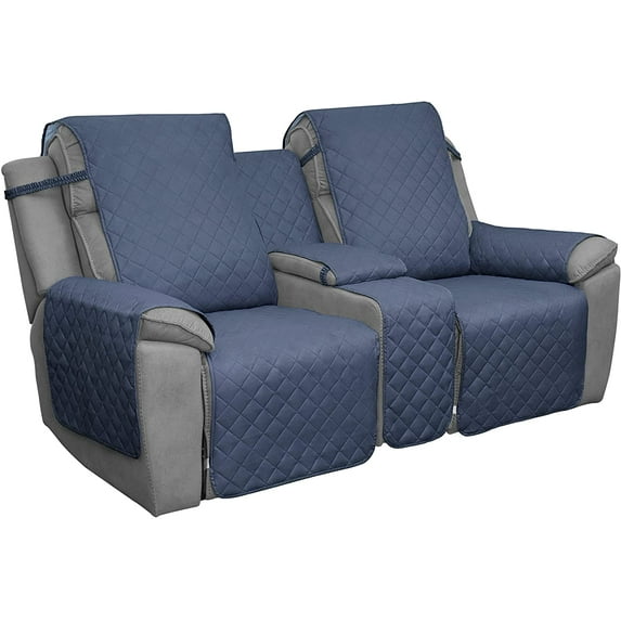 Easy-Going Loveseat Recliner Cover with Console, Reversible Couch Cover for Living Room, Split Sofa Cover for Each Seat with Elastic Straps for Kids, Dogs, Pets(2 Seater, Dark Blue/Light Blue)