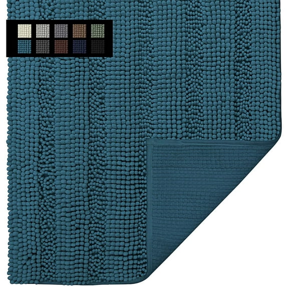 Easy-Going Luxury Chenille Striped Pattern Bath Mat, 20x32 in, Soft Plush Bath Rug, Absorbent Bathroom Rug, Non Slip Perfect Carpet Rugs for Shower, Bedroom, Front Door, Entryway (Turquoise Blue)