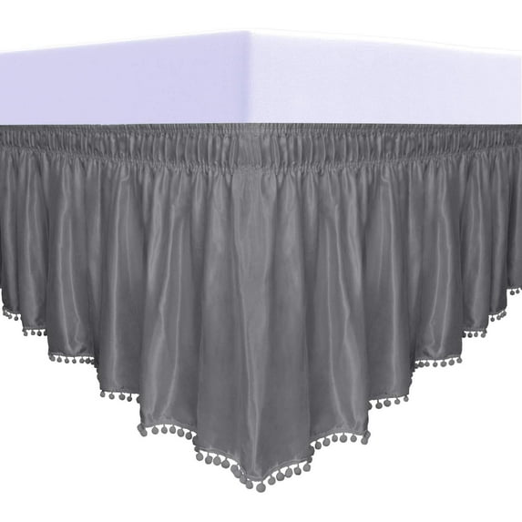 Easy-Going Satin Silk Pom Pom Ruffled Wrap Around Bed Skirt - 16 Inch Drop for Twin/Full Size Beds, Dark Gray