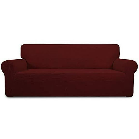 Easy-Going Stretch Sofa Slipcover 1-Piece Couch Sofa Cover Furniture Protector Soft with Elastic Bottom for Kids, Spandex Jacquard Fabric Small Checks(Sofa,Wine)