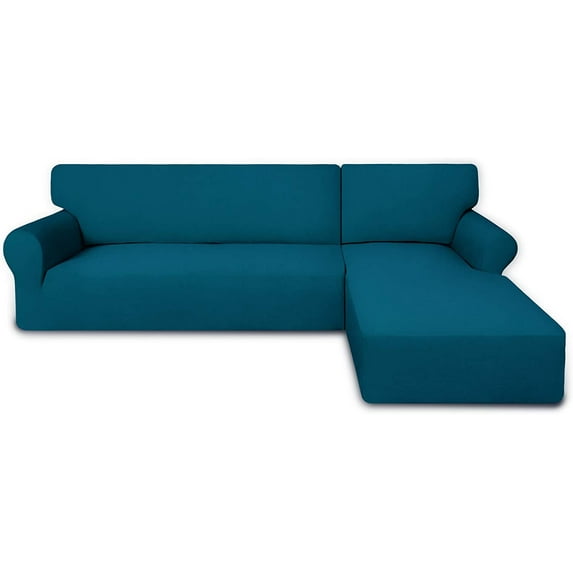 Easy Going Stretch Non-Slip Polyester L-Shaped Couch Slipcover, Peacock Blue