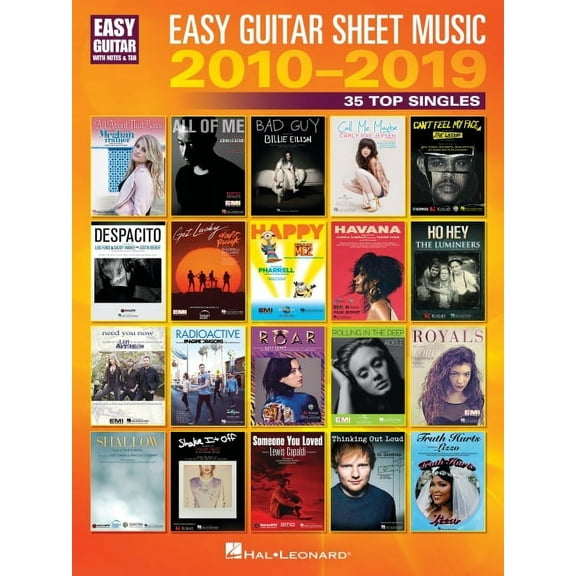 Easy Guitar Sheet Music 2010-2019: 35 Top Singles Arranged with Notes & Tab & Lyrics, (Paperback)