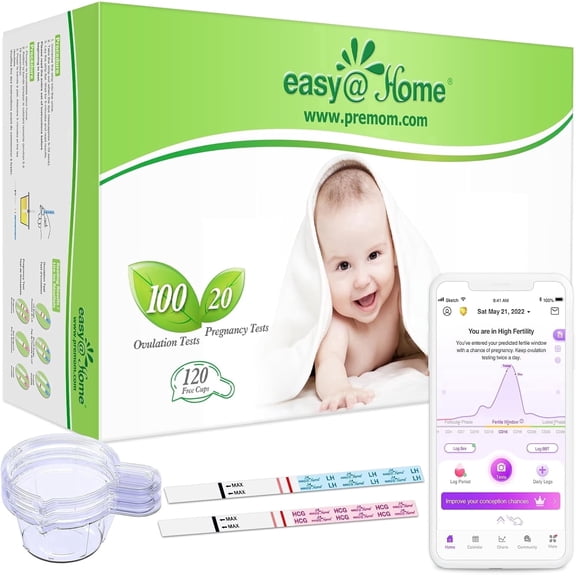 Easy@Home 100 Ovulation Test Strips + 20 Pregnancy Test Strips - FSA Eligible - Includes 120 Urine Cups - Compatible with Premom Ovulation App