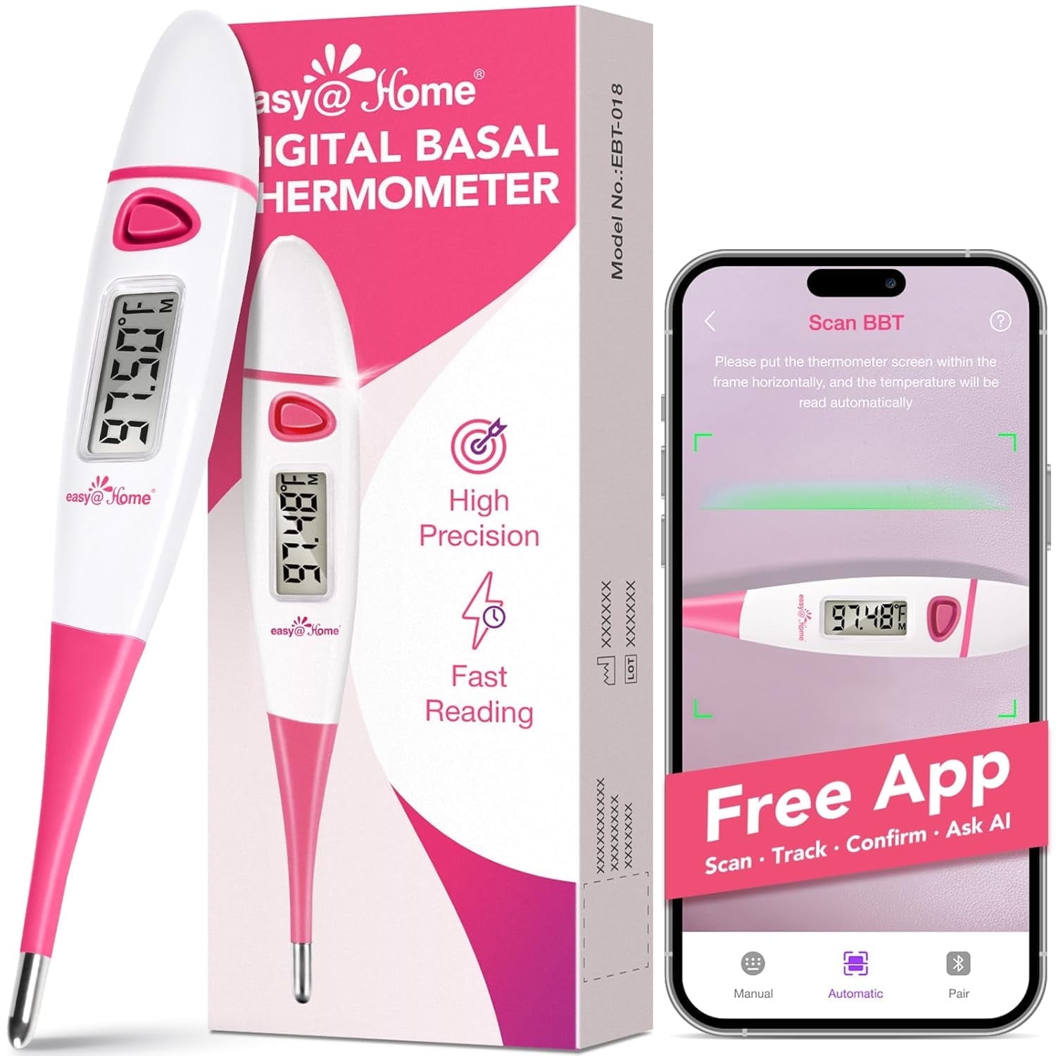 Easy@home EBT-100 Digital Oral Basal Thermometer – Large Blue Backlit Display
