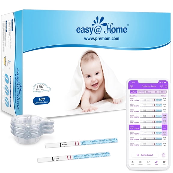 Easy@Home Ovulation Test Strips, 100 Pack Fertility Tests, Ovulation Predictor Kit, FSA Eligible, Powered by Premom Ovulation Predictor iOS and Android App, 100LH+100 Urine Cups