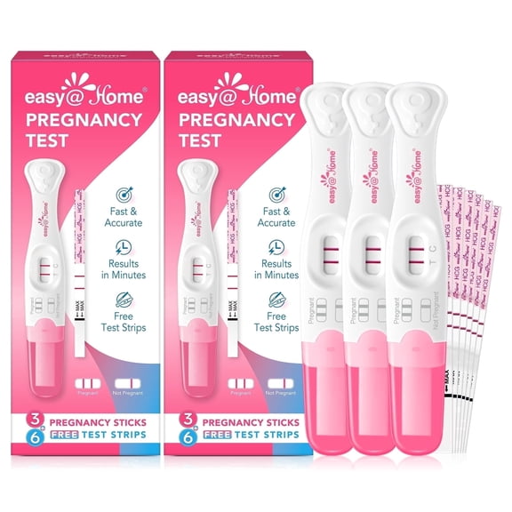 Easy@Home Pregnancy Test Kit - 6 Sticks + 12 Strips, Curved Handle - Early hCG Detection, Reliable & Accurate Results in Minutes, Easy Home Use, Valid until Oct 15,2026