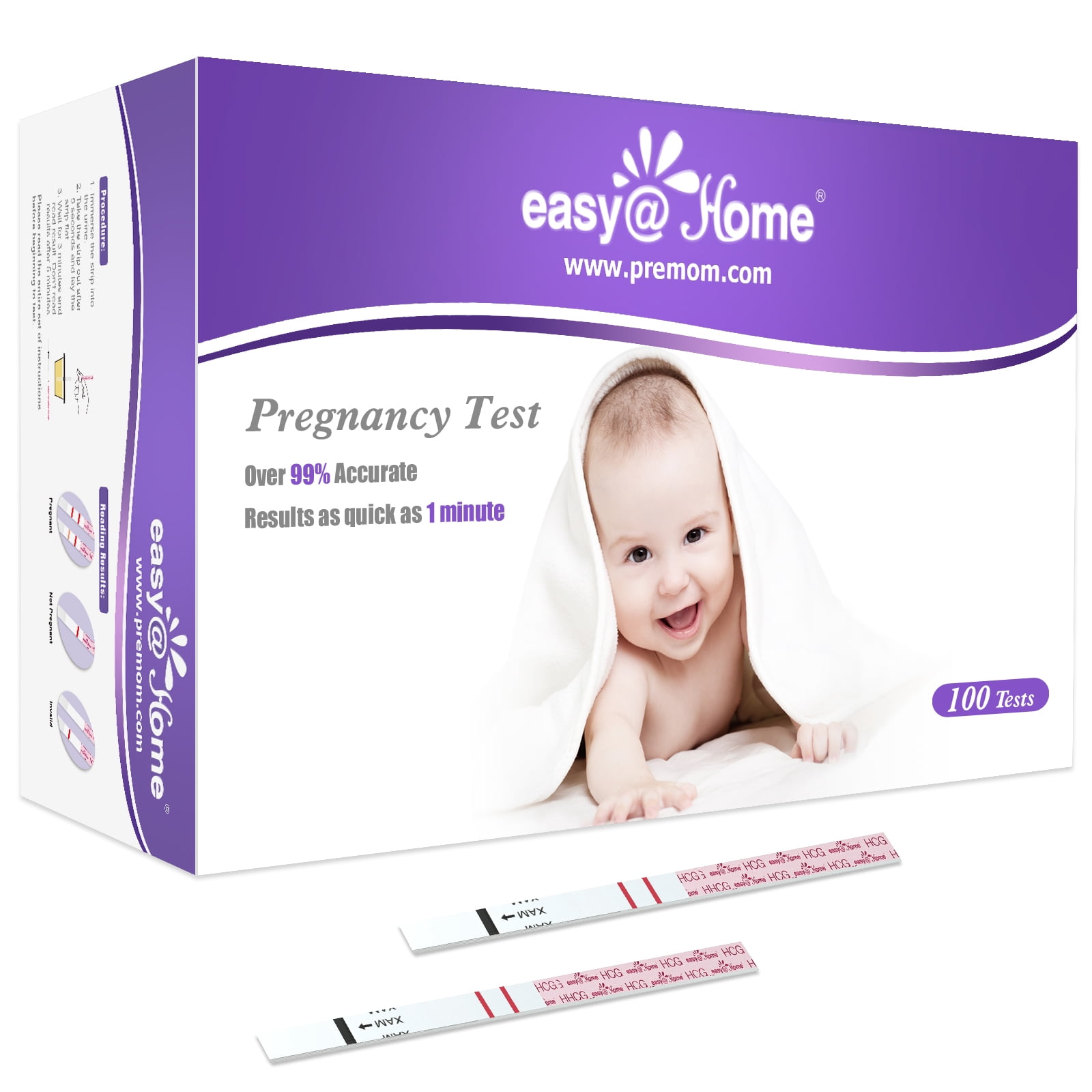 مجموعة شرائط اختبار الحمل Easy @ Home: شرائط اختبار HCG 100 حزمة ، اختبار الحمل المنزلي للكشف المبكر ، أكثر من 99٪ دقيقة EZW1-S: 100
