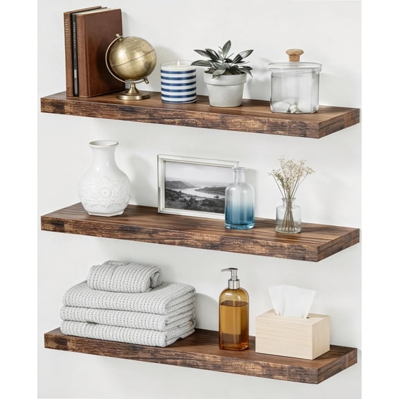 Easy Install Floating Shelves, 24 Inch Wall Mounted Wooden Floating Shelves, Set of 3, Small Wall Shelves for Storage and Home Decor, Living Room, Kitchen, Office, Corner Shelf for Bathroom, Brown