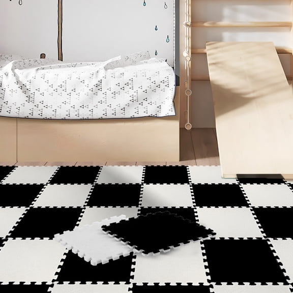 Easy-Install Plush Interlocking Foam Tiles (30 Pcs) - 11.8"x11.8"x0.52" Non-Slip Kid-Friendly Play Mat with Borders, Soft Carpet for Toddlers, Bedroom & Living Room (BLACK & WHITE)