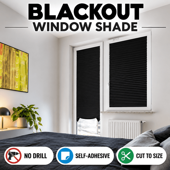 Self Adhesive Blackout Window Shades, No Drill Pleated Blackout Blinds, Cut-to-Size Stick On Window Cover for Bedroom, Office & Travel
