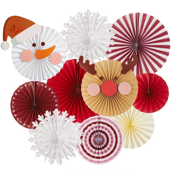 Easy Joy 10pcs Christmas Hanging Decoration Red White Paper Fans Xmas Snowman Party for Wall Winter Christmas Party Supplies