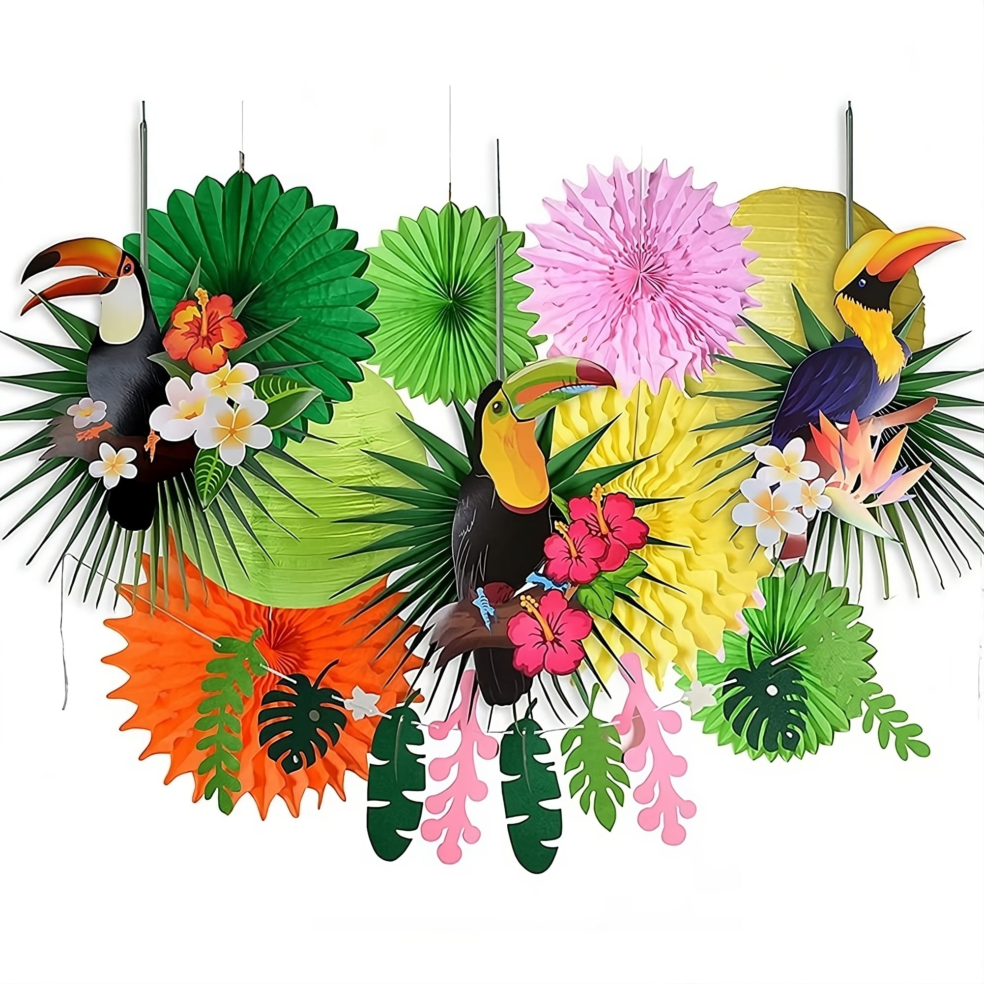 Easy Joy 12pcs Luau Party Supplies Tropical Party Decoration Parrot Toucan Paper Fan Lantern Leaf Garland Set