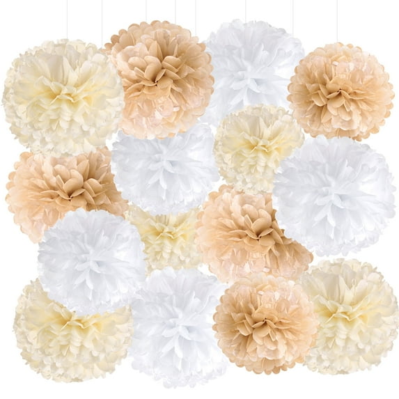Easy Joy 15pcs Bridal Shower Decorations Tissue Paper Pom Poms Beige Decorative Flowers Party Supplies For Wedding Birthday