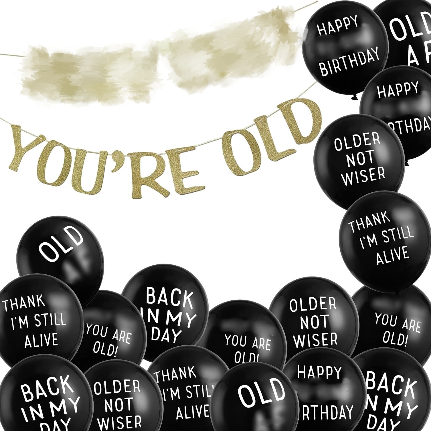 Easy Joy 19pcs Birthday Party Decoration Over The Hill Retirement  Decoration Funny Paper Banner and Black Balloons, image size:1506x1506