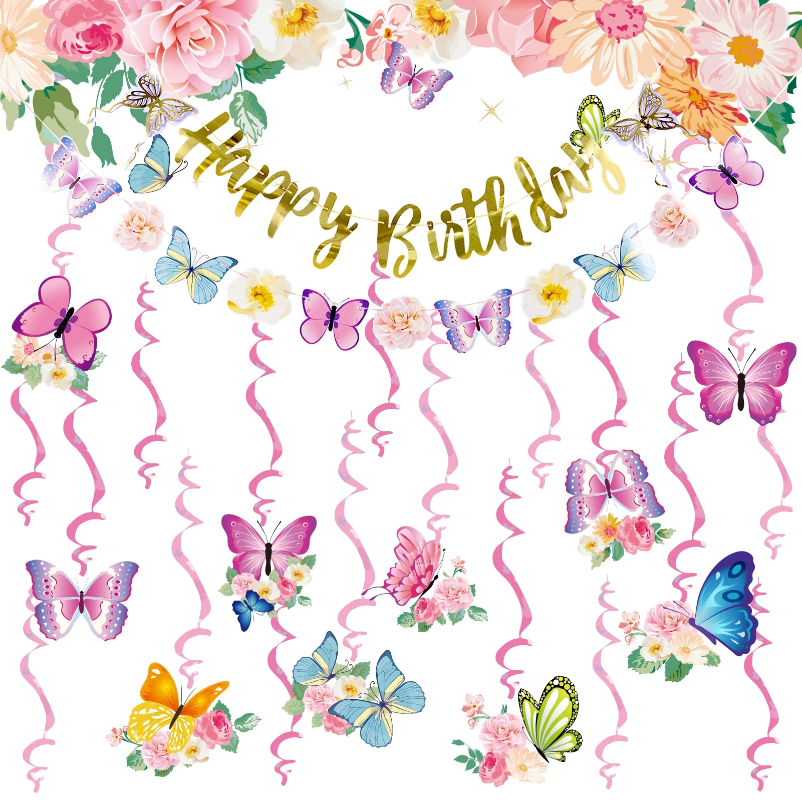 Easy Joy 22pcs Butterfly Birthday Decorations with Banner Hanging Flowers Paper Swirls for Pink Party Decoration
