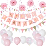 Easy Joy Pink Party Decorations Set with Banner, Balloons, Pompoms & Hanging Supplies for Girls & Women 37 Pieces
