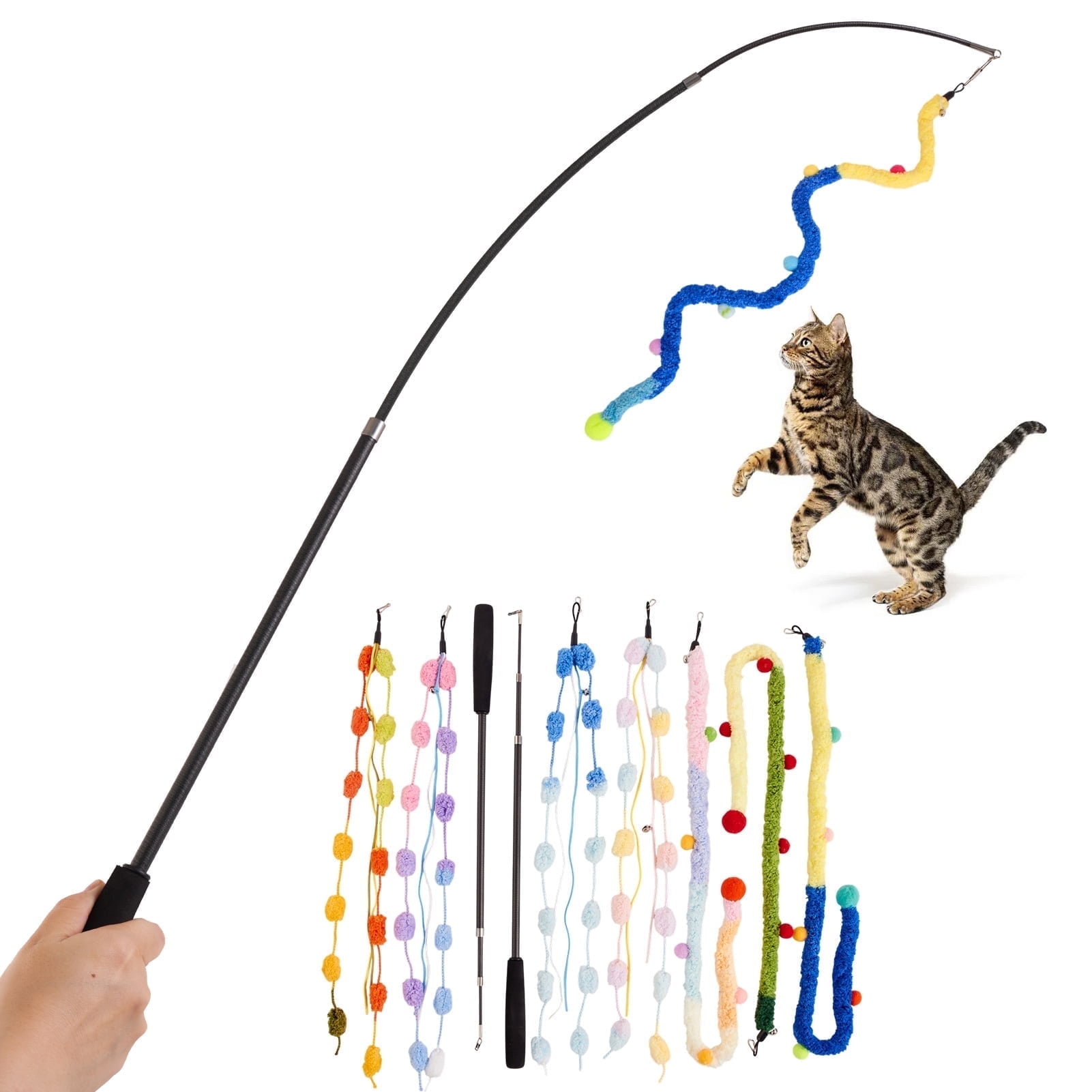 Easy Joy 9pcs Interactive Cat Toys Retractable Plush Cat Teaser Wand Toys Interactive Wand Toys for Indoor Cat Exercise