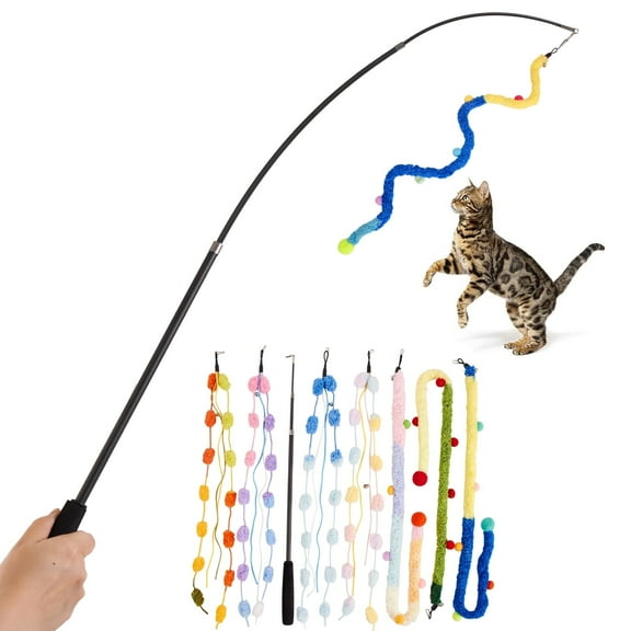 Easy Joy 8pcs Interactive Cat Toys Retractable Plush Cat Teaser Wand Toys Interactive Wand Toys for Indoor Cat Exercise