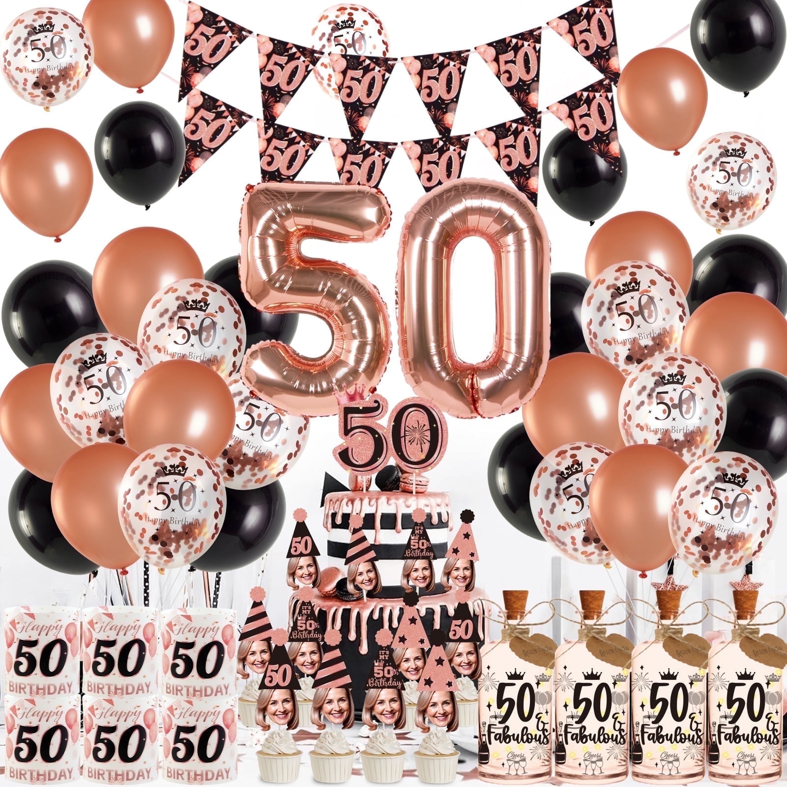 Easy Joy 50th Birthday Decorations for Women Pink and Gold Happy Birthday Banner and Balloon Over the Hill Decor for Women Birthday Decorations