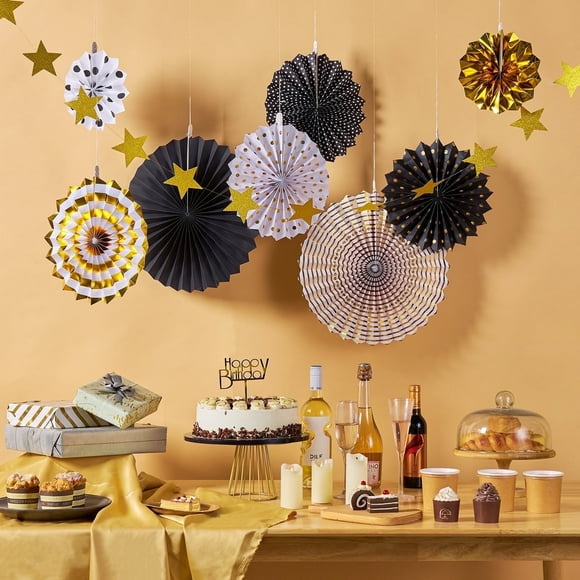 Easy Joy 8pcs Black and Gold Retirement Party Decorations Hanging Paper Fans for Birthday Graduation Party Decoration