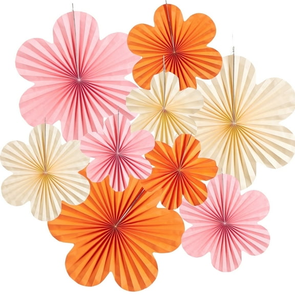 Easy Joy 9pcs Orange and Pink Paper Flowers Party Decorations for Wall Hanging Paper Fans for Wedding Birthday Graduation Party