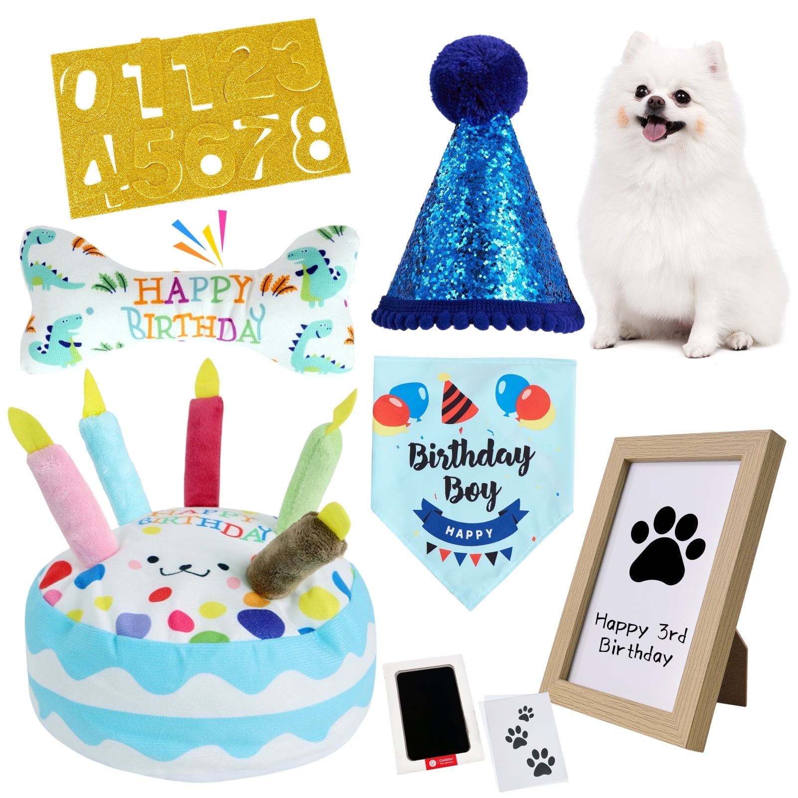 Easy Joy Dog Birthday Toy Set & Decorations for Dogs, Includes Squeaky Cake Toy, Plush Bones, Birthday Hats, Bandana, Paw Print Kit & Photo Frame. Dog Birthday Gift Supplies, Blue